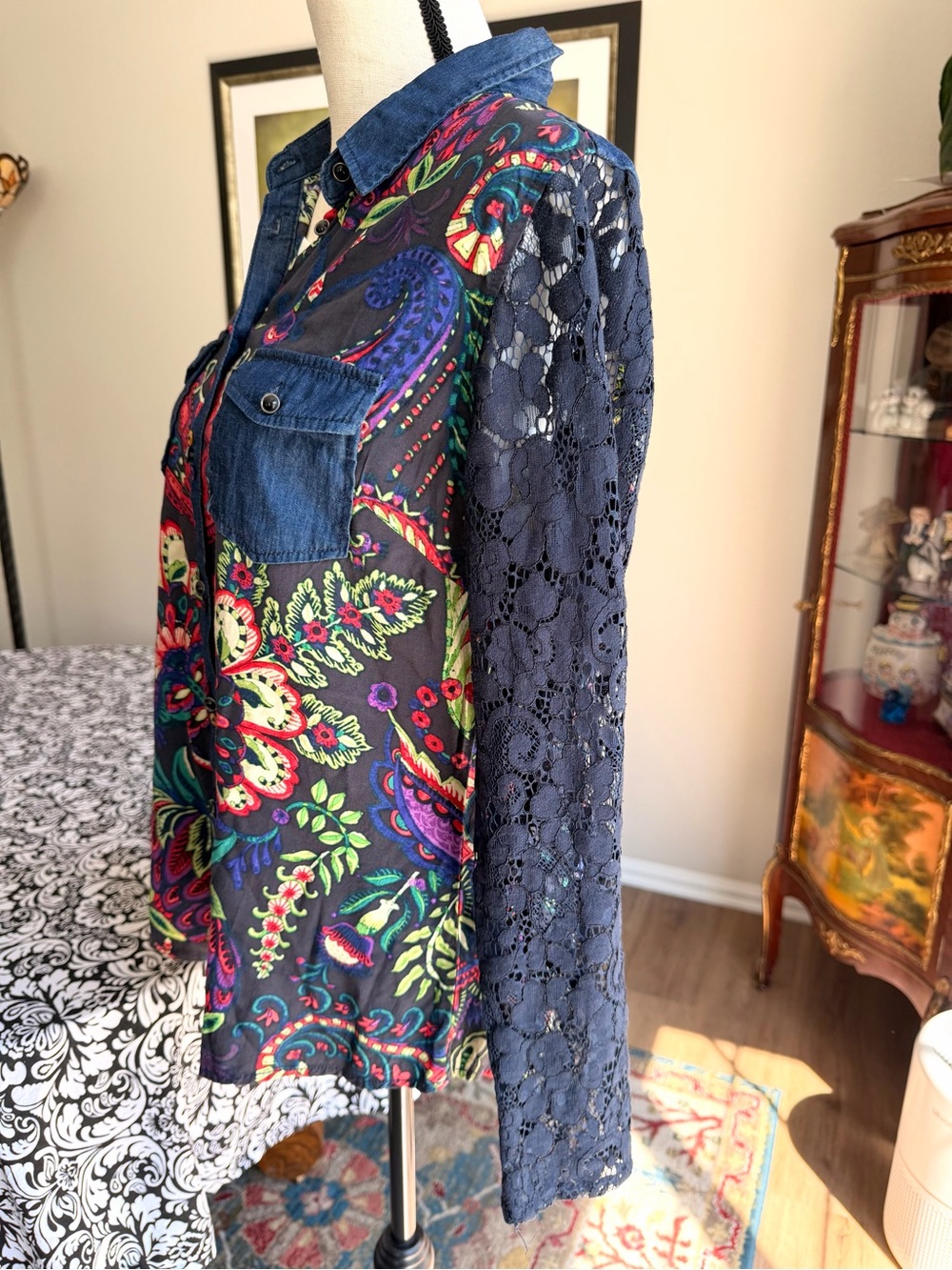Desigual Floral Paisley Sheer Denim Lace Sleeve Button Shirt - Picture 4 of 8